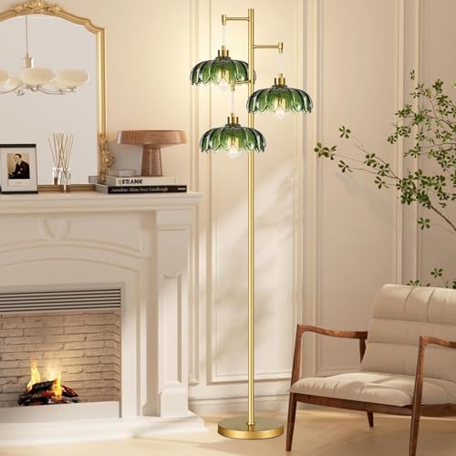 ZECOXOL Gold Floor Lamps for Living Room Bedroom-3 Light Glass Floor Lamp with Three Led Bulb,Mid Century Standing Lamp Vintage Brass Tall Lamp Tree Floor Lamp for Bedroom Corner