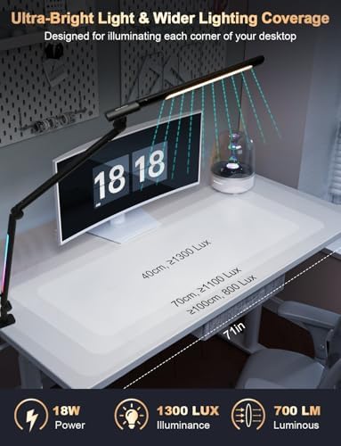 LED Desk Lamp with Clamp, Adjustable Swing Arm RGB Desk Light with Remote, Eye-Caring 4 Modes Stepless Dimming Lamp for Home Office Reading Study Gaming