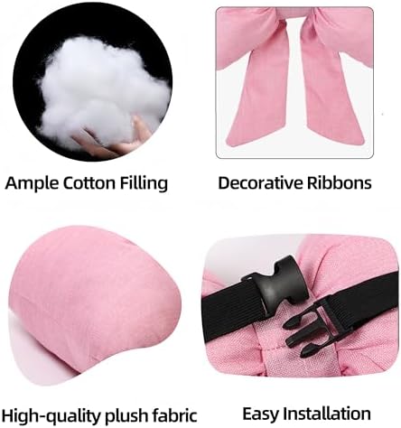 Car Seat Neck Pillow Elegant Bow Car Headrest Pillow Set - Cotton Linen Neck Cushion Universal Fit for Women Comes with 2 Seat Belt Covers (Pink Set 4Pcs)