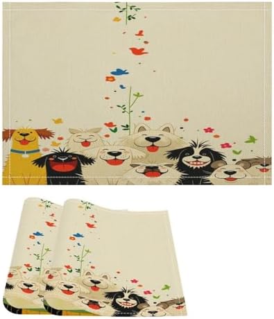 Cute Dogs Floral Linen Placemats Set of 2PCS, Heat Resistant Non-Slip Washable Table Placemats for Dining Everyday Use Hotel Banquet Home Decor