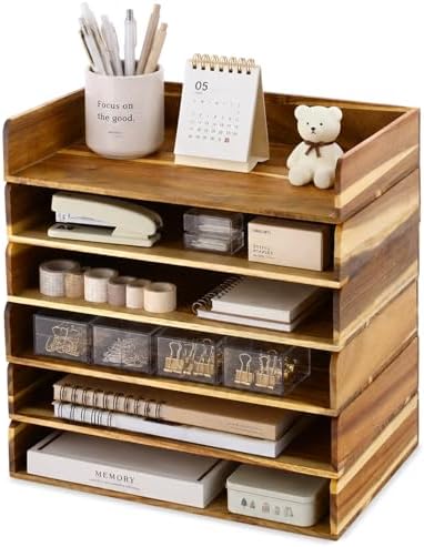 Novabright 6 Pcs Stackable Paper Organizer Tray Acacia Wood Desk Organizer Letter Tray Desktop Letter Size Office Wooden Desk Shelf Paper Holder Folder Organization Rack for File Document (Acacia)