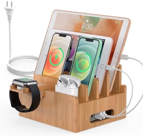 Pezin & Hulin Bamboo Charging Station with USB Charger,5Cables-Natural