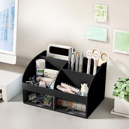 COMFYROOM Desk Organizer with 6 Compartments and 2 Drawers, Plastic Makeup Organizer, Pen Holder for Desktop Storage, Desk Organization for School, Home, Office Supplies Black-2Pack