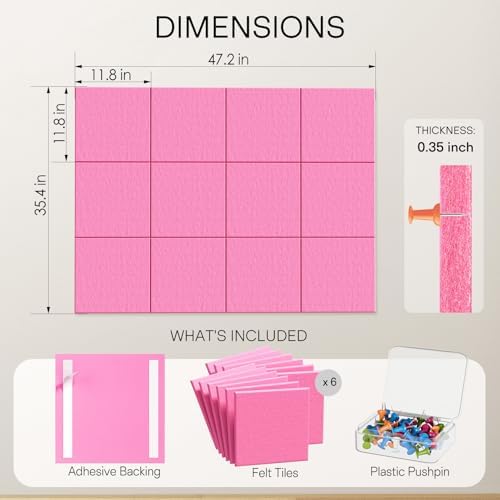 MaxGear Felt Bulletin Board 48" x 36", Pink Felt Wall Tiles Wall Decor
