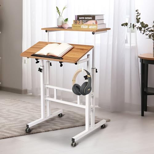 SIDUCAL Small Standing Desk, Portable Stand Up Desk, Height Adjustable Mobile Standing Table Converter with Wheels Computer Workstations, Rolling Laptop Cart for Stand or Sit, Vintage Oak