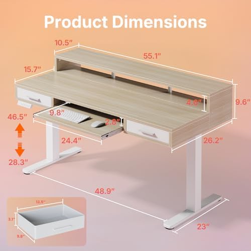 HUANUO 48″ x 26″ Electric Standing Desk with 2 Drawers &24.4″ Large Keyboard Tray, C-Clamp Mount Compatible, Adjustable Computer Desk for Office, Sit Stand Up Desk with 4 Height Presets, Light Walnut