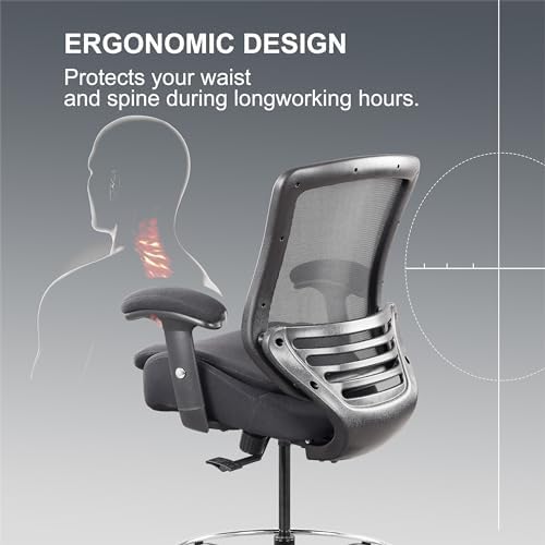 400lbs Office Drafting Chair Wide Dual Seat Cushion for High Standing Desk with Lumbar Support and Enlarged Adjustable Footrest-Black
