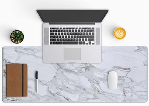 White Grey Marble Print Large Gaming Mouse Pad Keyboard Desk Pad Extended Mouse Pad Gaming Office Decor, PC Laptop Mouse Pads Large (31.5x11.8 in) with Stitched Edges Non-Slip Base Mousepad XL