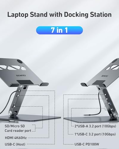 BENFEI Laptop Stand with USB C 7in1 Docking Station,HDMI 4K@60Hz,1*SD 1*Micro SD,100W Power Delivery,10Gbps 1*USB C 3.2 and 2*USB A 3.2 Compatible with MacBook Pro/Air, iPad Pro, XPS, Thinkpad