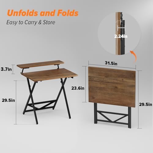 WOHOMO Folding Computer Desk with Monitor Stand, Adjustable Height, Walnut
