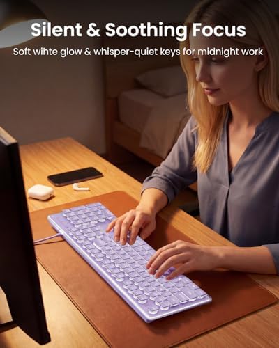 Wired Keyboard with White Backlight Pudding Keycaps, Full Size, Purple