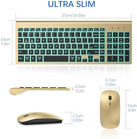 Wireless Backlit Keyboard and Mouse Ultra Slim Combo, TopMate - Gold Black