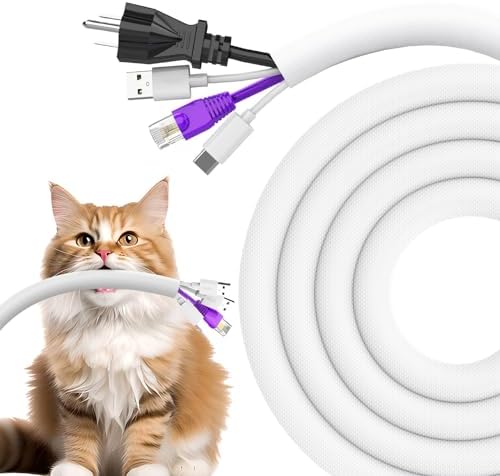 UOMTFAI Dog and Cat Cord Protector 10ft - 1/2inch, Flexible Cable Sleeve for Easy Cord Management, Protects Cables from Pets Chewing, Ideal for USB, Power, Audio and Video Cords - White