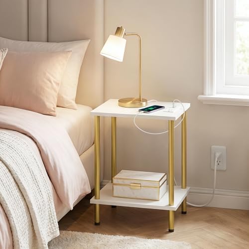 HOOBRO Side Table with Charging Station, End Table with USB Port and Outlet, Nightstand with 2-Layer Storage Shelves for Small Spaces, Living Room, Bedroom, Stable Frame, White and Gold DW09UBZ01