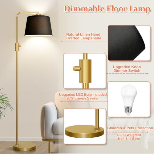 Nintiue Dimmable Gold Floor Lamp, 1000 LM LED Edison Bulb Included, Arc Floor Lamps for Living Room with Black Shade, Modern Standing Lamp Tall Lamps for Living Room Bedroom