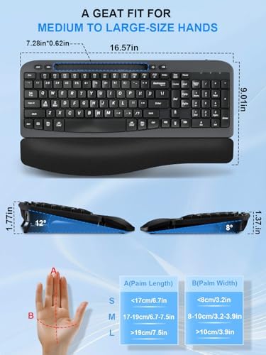 Hayyiesh Ergonomic Wave Keys Wireless Keyboard and Mouse Combo, Full Size with Memory Foam Wrist Rest & Phone Holder, 2.4G Cordless Set with USB-C Adapter for Windows Mac Desktop Laptop (Black)