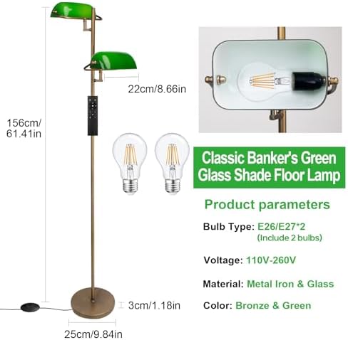 FIRVRE Bankers Floor Lamp for Living Room, Vintage Floor Lamp with Foot Switch,Remote Control Standing Lamp with Glass Lampshade, Antique Green Floor Light for Bedroom Office