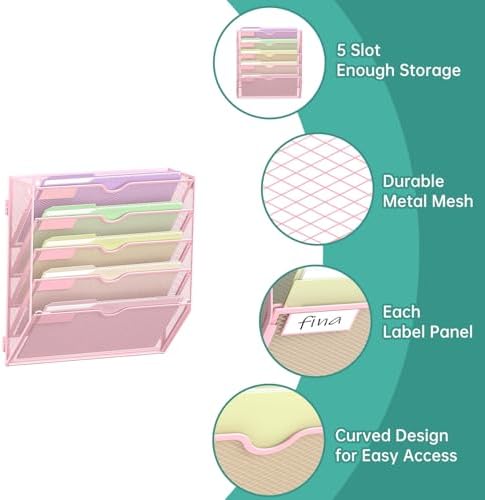SUPEASY 5 Tier Wall File Organizer, Hanging Wall Mounted Mail Organizer with Label Slots, Metal Mesh File Holder Magazine Rack for Office, Home, School, Pink