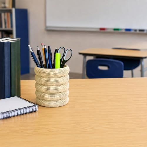 PowerTRC 3D Printed Grideo Pen Holder for Desk – Modern Pencil Cup Organizer, Office Supplies Holder, Classroom Teacher Desk Decor, Home Office Gift, Made in USA (Bone White)