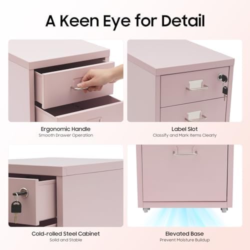 3 Drawer Rolling File Cabinet with Lock, Metal Filing Cabinet with Wheels, Desk Organizer with Drawer, Under Desk Storage for Home Office