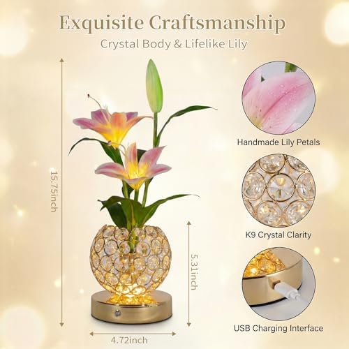 Stargazer Lily Flowers Crystal Table Lamp, Rechargeable Touch Night Lamp