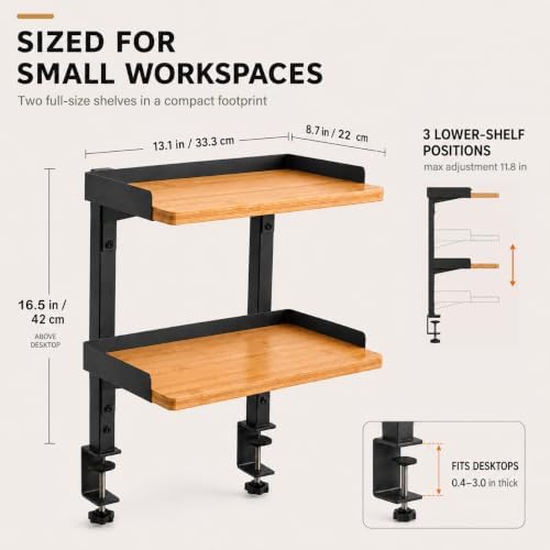 13" Clamp-On Desk Shelf, 2-Tier Bamboo Desktop Organizer