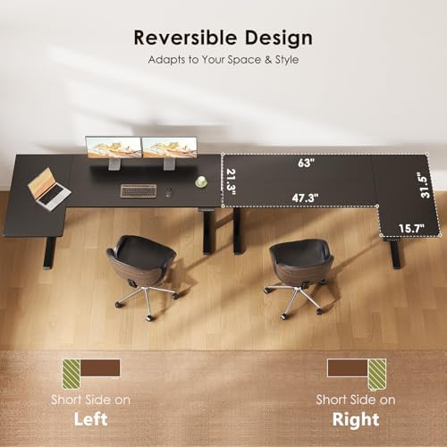 OffiGo 63" Reversible L Shaped Electric Standing Desk, Carbon Fiber Black