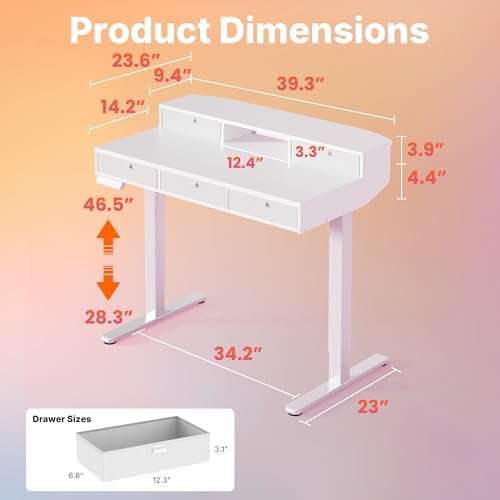 HUANUO 40 x 24 Inch Electric Standing Desk with 4 Drawers, White