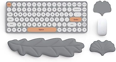 Keyboard Wrist Rest Pad Set, Leaf Shape PU Leather Memory Foam Wrist Cushion Support,Mouse Wrist Rest Pad,Non-Slip Wrist Support for Easy Typing Pain Relief, Grey Leaf
