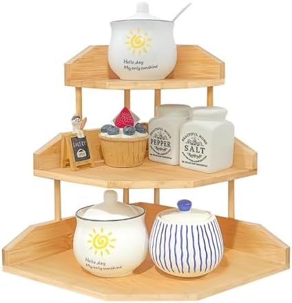 Bamboo Corner Desk Organizer Shelf, 3-Tier Triangle Storage Rack for Office & Home, Space-Saving Desktop Shelf for Books, Stationery, Makeup, Small Items