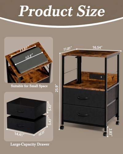 Faesun Night Stand with Charging Station & Swivel Top, Brown Black