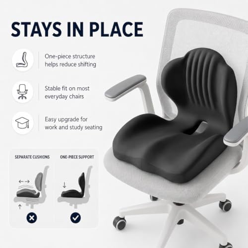 Ergonomic Memory Foam Seat Cushion, L Shaped Lumbar Support Pillow with Tailbone Relief, Orthopedic Chair Pad for Office, Car, Gaming Chair, Travel (Black)