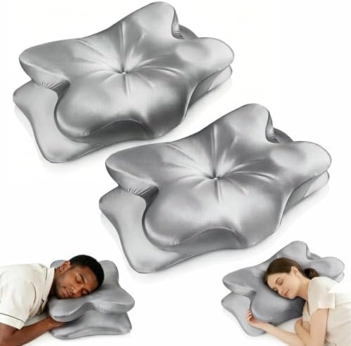 2-Pack Cervical Neck Pillow for for Neck Support,Ergonomic Memory Foam Contour Pillow with Wrinkle-Resistant Silky Satin Fabric Cover,Orthopedic Bed Pillow for Side,Back,Stomach Sleepers,Gray