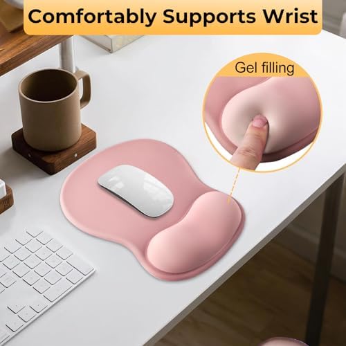 Gel Mouse Pad with Wrist Support, Ergonomic Mousepad with Wrist Rest, Gaming Mouse Pad with Soft Cushion & Non-Slip PU Base & Concave Design & Pain Relief, for Home Office Computer Laptop, Pink