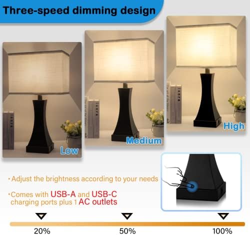 OYedis Table Lamp for Bedroom 3-Way Dimmable Touch Control Bedside Lamp with USB A+C Port & AC Outlet 21.6" Tall Nightstand Lamp for Living Room Office and Hotel Bulb Included