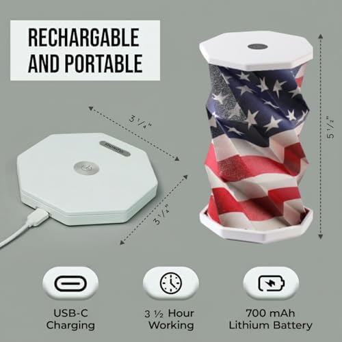 Origami Expanding Foldable LED Desk Lamp – USB Rechargeable & Portable - Dimmable Touch Control Light with Adjustable Height up to 5 1/2 for Office, Travel, Bedside & Modern Design (American Flag)