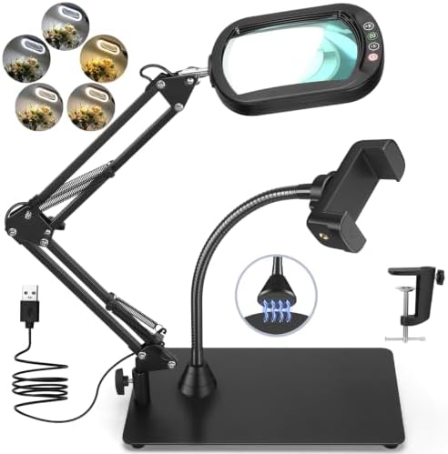 12X Square Magnifying Glass with Light and Stand, Real Glass LED Lighted Magnifier and Phone Holder, 5 Color Modes Stepless Dimmable, Hands-Free Desk Lamp for Craft Hobby Close Work Black and Holder