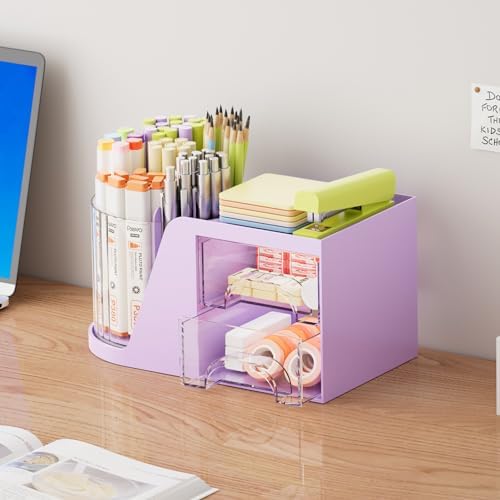 Marbrasse Desk Organizer with 2 Drawer, 360°Rotating Pen Holder, Desk Organizers and Accessories with 6 Slots Pencil Holder + 2 Drawer, Art Supply Storage Box Caddy for Office (Purple)
