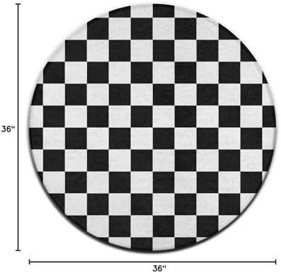 Soft Round Yoga Carpet, Large Home Decor Mat, Non-Slip Machine Washable Kitchen Office Circle Rug Compatible with Race Checkerboard Checkered Black and White