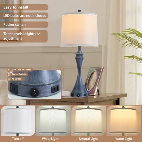 Living Room Deek Lamp Bedroom Table Lamp Set of 2,3 Way Dimmable Led Light Modern Industrial Table Lamps Sand Navy Blue Metal,USB Type A+C&Outlet, Linen Lampshade,Bulb*2