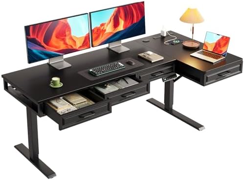 OffiGo 63 Inch L Shaped Standing Desk with 4 Wooden Drawers, Black
