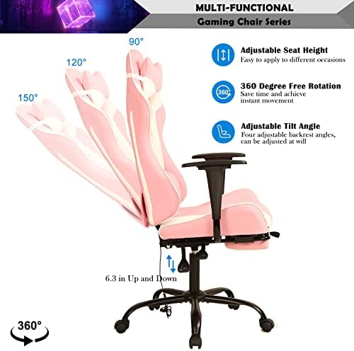 Pink Gaming Chair with Footrest, PU Leather Gaming Chairs for Adults, High Back Comfy Office Chair Ergonomic Desk Chair Computer Chair, Reclining Gamer Chair, Height & Backrest Adjustable, 300 Lbs