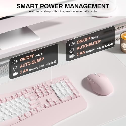 Wireless Keyboard and Mouse Combo,2.4G Ergonomic Wave Keys(Pink & White-B)