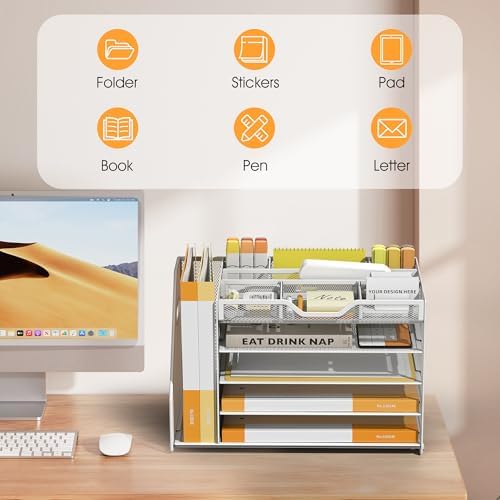 5 Tier Paper Letter Tray Desk Organizer with Pen Holders - White