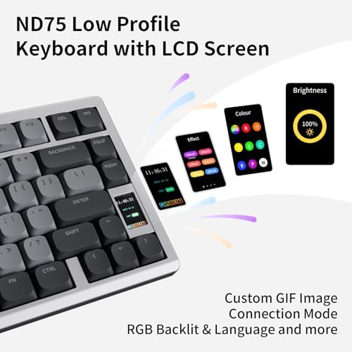 OOCTPK Mechanical Keyboard, Chilkey ND75 LP Wireless Gaming Keyboard with LCD Screen, Bluetooth 5.3/2.4G/USB-C, Hot Swappable Per-Key RGB Custom, Thin Front, Wrist Rest, Full-Aluminum, PC/Mac Support
