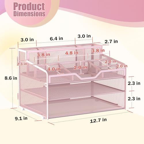 Docnest 3 Tier Mesh Desk Organizer with Letter Tray & Paper Sorter, Pink