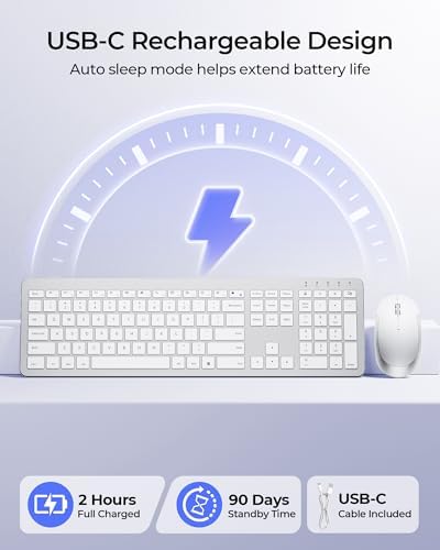 seenda Rechargeable Wireless Keyboard and Mouse Combo, Silver and White