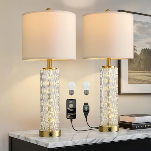 Oneach 27.75" Gold Table Lamps Set of 2 with Crystal Nightlight for Bedside