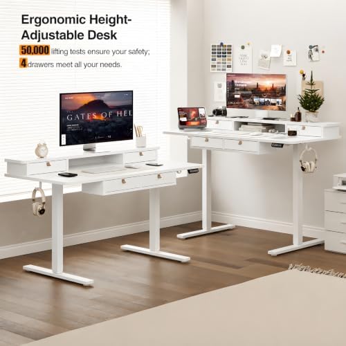 Grandder Electric Standing Desk with Four Drawers, Sit to Stand Up Height Adjustable Desk with Storage Shelf for Home Office, 47 * 28 Inch, Study, Ergonomic Adjustable Computer Desk, White