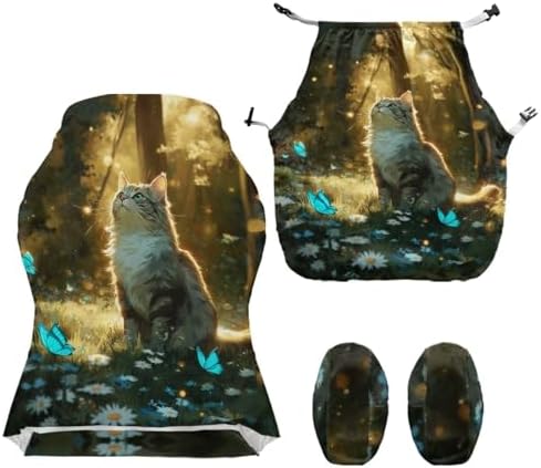 Cat Daisy Butterfly Print Gaming Chair Cover Non Slip Universal Furniture Protector Stretchable Breathable Gamer Chair Slipcover with Armrest Covers